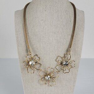 SHB Gold-Tone Clear Crystal Wire Flower Link Mesh Chain Necklace 22"